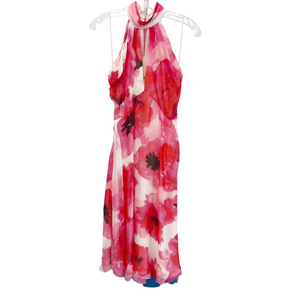 Prabal Gurung Pink & Red Floral Silk Halter Midi Dress Cocktail Formal - Size 6